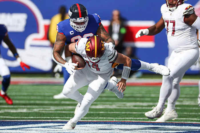 Commanders quarterback Sam Howell was sacked six times against the Giants.